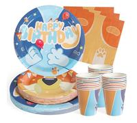 PARTY GO Vajilla de fiesta de 96 piezas de cartón azul para niños, platos de fiesta de cumpleaños, incluye platos de papel, servilletas, cubiertos para decoraciones de cumpleaños, boda, baby shower,