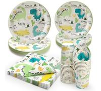 PARTY GO Vajilla de fiesta de 96 piezas de dinosaurios para cumpleaños infantiles, platos para fiestas, juego de platos de papel, servilletas, cubiertos para fiestas de cumpleaños, decoración de baby