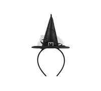 PartyDeco Diadema de sombrero de bruja - Mini sombrero de bruja 17 × 28 cm - Negro con lazo de purpurina - Accesorio de disfraz de Halloween