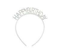 PartyDeco Diadema Happy Birthday 14 x 15,5 cm con brillantes y perlas, color plateado