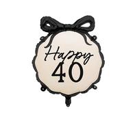 PartyDeco Globo de Fiesta de cumpleaños número 40 con Lazo, Globo de Aluminio Happy 40, decoración de Fiesta de 40 años en Blanco y Negro