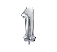 PartyDeco- Globo Mylar con Forma de número 1 de Plata 86 cm cumpleaños Adulto niño Año FB1M-1-018