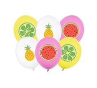 PartyDeco® Globos de frutas de mezcla de 30 cm, 6 globos de látex con diseño de frutas, globos de fiesta con estampado de limón, piña, sandía, globos de colores para cumpleaños, decoración de fiesta