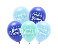 PartyDeco Globos ecológicos Happy Birthday de 26 cm, juego de 5 unidades, globos para helio o aire, globos de látex para cumpleaños, cumpleaños infantiles, globos de látex azules, 5 unidades, azul