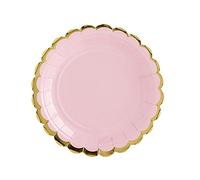 PartyDeco - Juego de 6 platos grandes de cartón rosa con bordes dorados