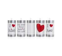 PartyDeco, Latas Decorativas para Coches de Novios, Color Plateado, Blanco y Rojo, Juego de 5 Unidades