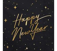 PartyDeco Servilletas Año Nuevo 33x33 Happy New Year Negro Oro 20 uds