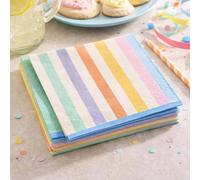 PartyDeco Servilletas de papel a rayas pastel, fiestas de cumpleaños multicolores, vajilla infantil, celebraciones, mesas para tartas y fiestas de 16,5 cm