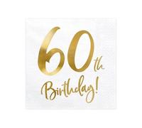 PartyDeco Servilletas de papel blanco con la inscripción 60th Birthday- 60º Cumpleaños Decoraciones para Cumpleaños Redondos- Servilletas Decorativas Pañuelos de papel Pañuelos Tabla impresa