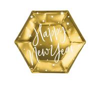 Partydeco sp. z o.o. sp. k. Platos Doradas con Letras Blancas Feliz Año Nuevo y Estrellas del Mismo Color, 6 Piezas