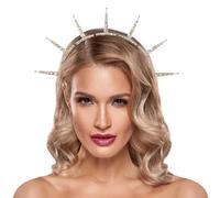 PartyforU Diadema de corona de halo con diamantes de imitación para mujer, corona de diosa de cristal brillante para sesiones de fotos de boda, diadema de halo de cristal para cosplay Renfaire