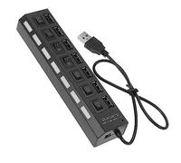 PartyKindom Concentrador USB 2.0 de 7 Puertos Indicadores LED para Portátil, Adaptador USB Multipuerto Portátil, Negro, bajo Consumo para Oficina, Viaje y Escuela