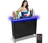 PARTYPONG Barra portátil plegable con luces LED, control remoto inalámbrico, 2 faldas de barra, estante de almacenamiento y funda de transporte, individual (negro)