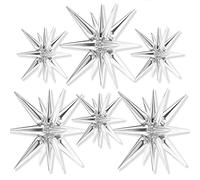 PartyWoo Globos de estrella, 6 piezas, globos de explosión de estrella de 14 puntas con cinta, globos de lámina de estrella de punta de Plata, globos de mylar grandes