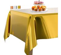 PartyWoo Mantel de Papel de Aluminio Oro, 137 x 274 cm/54 x 108 Pulgadas, Rectangular, Lavable, para Mesa de 6 a 8 pies, Plástico Mantel Impermeable para Fiestas, Cumpleaños, Bodas (1 Unidad)
