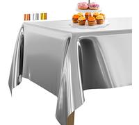 PartyWoo Mantel de Papel de Aluminio Plateado, 137 x 274 cm/54 x 108 Pulgadas, Rectangular, Lavable, para Mesa de 6 a 8 pies, Plástico Mantel Impermeable para Fiestas, Cumpleaños, Bodas (1 Unidad)