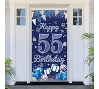 PartyYaa Cartel de decoración de cumpleaños número 55, cubierta de puerta de feliz cumpleaños número 55, cartel de fiesta extra grande azul plateado para fotomatón, decoración de letrero y póster para