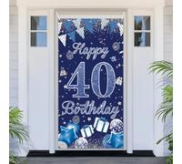 PartyYaa Cartel decorativo de 40 cumpleaños, cubierta de puerta de feliz cumpleaños 40, pancarta de fiesta extra grande azul y plateado, pancarta de fondo para cabina de fotos, póster para interiores