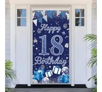 PartyYaa Cartel decorativo de cumpleaños número 18, cubierta de puerta de feliz cumpleaños 18, pancarta de fiesta extra grande azul y plateado, cartel decorativo para fondo de cabina de fotos, póster