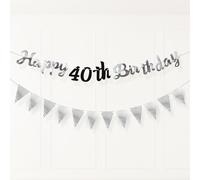 PartyYaa Decoración de pancarta de 40 cumpleaños, guirnalda de 40 cumpleaños y bandera triangular, decoración de fiesta negra y plateada para hombres y mujeres