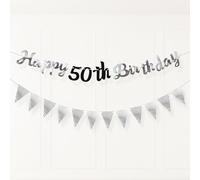 PartyYaa Decoración de pancarta de 50 cumpleaños, guirnalda de 50 cumpleaños y bandera triangular, decoración de fiesta negra y plateada para hombres y mujeres