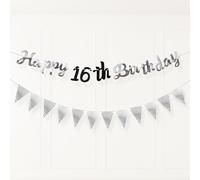 PartyYaa Decoración de pancarta de cumpleaños 16, guirnalda de cumpleaños 16 y bandera triangular, decoración de fiesta negra y plateada para niñas y niños