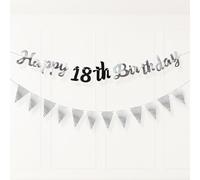 PartyYaa Decoración de pancarta de cumpleaños 18, guirnalda de cumpleaños 18 y bandera triangular, decoración de fiesta negra y plateada para niñas y niños