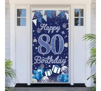 PartyYaa Decoraciones de Pancarta de 80º Cumpleaños, Cubierta de Puerta de Feliz 80º Cumpleaños, Pancarta de Fiesta Extra Grande Azul Plateada Fondo de Cabina de Fotos Decoración Cartel Póster para
