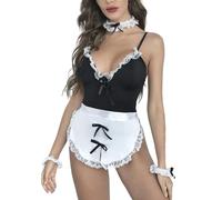 PARUPRUP Disfraz de Sirvienta Sexy Mujer 5 Piezas Body Lencería Ajustable Encaje Francesa con Delantal, Traje Maid Picardía Disfraces Travieso Uniforme Criada Accesorios Halloween/Cosplay (Negro, M)