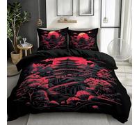 Parure de Cama 150 x 220 cm con Funda Nórdica Reversible, Motivo Paisaje de Templo japonés, Suave Transpirable, 2 Fundas de Almohada 50x75 cm, para Decoración Moderna del Dormitorio, Negro