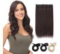 PARXITN Extensiones de cabello con clip, una pieza, 5 clips, 30 cm, recto, sintético, para mujeres, 3/4, malla de malla completa, 1 trama, color marrón oscuro natural
