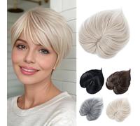 PARXITN Hair Topper con flequillo 3 clips multidimensional 7 pulgadas pelucas sintéticas cortas postizos naturales para cabello fino rubio blanco
