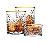 Pasabahce 96818 Timeless Golden Touch Juego de 3 piezas | 2 vasos de whisky y 1 cuenco | Diseño de cristal con aspecto retro | Elegante, resistente y duradero | Ideal para whisky, aperitivos y postres