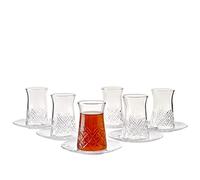 Pasabahce Juego de 12 vasos y platillos de té turco de cristal, 6 tazas y 6 platos, perfectos para fiestas de té, regalos, inauguración de la casa, bodas, aniversarios