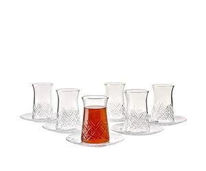 Pasabahce Juego de 12 vasos y platillos de té turco de cristal, 6 tazas y 6 platos, perfectos para fiestas de té, regalos, inauguración de la casa, bodas, aniversarios