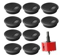 Pasacables para escritorio, color negro, para escritorio, pasacables con 1 sierra perforadora, cubiertas para agujeros de cable, organizador de oficina, pasacables redondo para cables de estación de