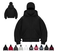 Pasamontañas con capucha y cremallera, sudaderas con capucha for hombre resistentes al viento de invierno, pasamontañas, chaqueta con cremallera de forro polar con doble capucha y máscara(negro,XL)