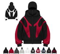 Pasamontañas con capucha y cremallera, sudaderas con capucha for hombre resistentes al viento de invierno, pasamontañas, chaqueta con cremallera de forro polar con doble capucha y máscara(Black Red,S)