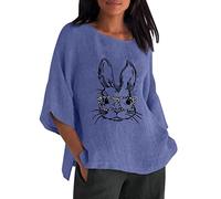 Pascua señoras 3 de 4 mangas cuello redondo conejo patrón divertido suelto camisetas casuales mezcla lino túnica camiseta blusa techno traje, azul, M