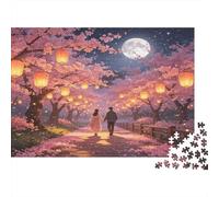 Paseo de Pareja Bajo Cerezos Puzzle de 1000 Piezas Papel para Adultos Noche Linterna Luna Relajante Enfoque Decoración Regalo 70x50cm/1000pcs