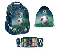 Paso Juego escolar de 3 piezas: mochila + bolsa de deporte + estuche de plumas relleno, fútbol, Fútbol, 3, fútbol