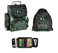 Paso Juego escolar de 3 piezas: mochila escolar + bolsa de gimnasia + estuche de plumas relleno, block world gaming, Block World - Mochila para videojuegos, 42 x 29 x 17 cm (HxBxT)
