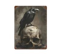 PASOFENE Póster de metal con diseño de cuervo sentado en una calavera, decoración moderna de bar, 40 x 30 cm