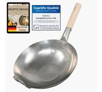 pasoli Wok martillado a mano, incluye libro electrónico de recetas, sartén tradicional asiática, sartén wok de acero al carbono, apta para inducción, diámetro 36 cm