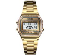 PASOY Reloj digital de acero inoxidable dorado para hombre, retroiluminado, multifunción, cronómetro, resistente al agua, reloj deportivo, Oro con bisel de cristal, M, Digital