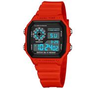 PASOY Reloj Digital multifunción para Hombre, Doble Zona horaria, cronómetro, Cuenta Regresiva retroiluminada, Reloj Impermeable, Rojo A., Deportes
