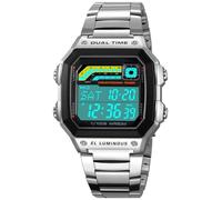 PASOY Relojes digitales multifunción para hombre, cronómetro, cronómetro, cuenta regresiva, retroiluminación, resistente al agua, Plata B, Moda