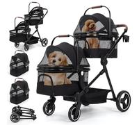 Passeggino doppio livello per cani e gatti - 2 trasportini rimovibili - Finestra in rete - Tasche portaoggetti e portabibite - Pieghevole, leggero, ideale per due animali, fino 22kg - nero