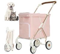 Passeggino Pieghevole per Cani E Gatti, Passeggino A 4 Ruote per Animali Domestici con Accesso Anteriore E Posteriore, per Animali Domestici Di Piccola/Media Taglia Fino A 20Kg,Rosado