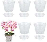 PassFeel Maceta para plántulas, 5 macetas de plástico Transparente para orquídeas con Agujeros y Bandeja, 14 x 10,5 x 9,3 cm (Bandeja de 13 x 2,5 cm)